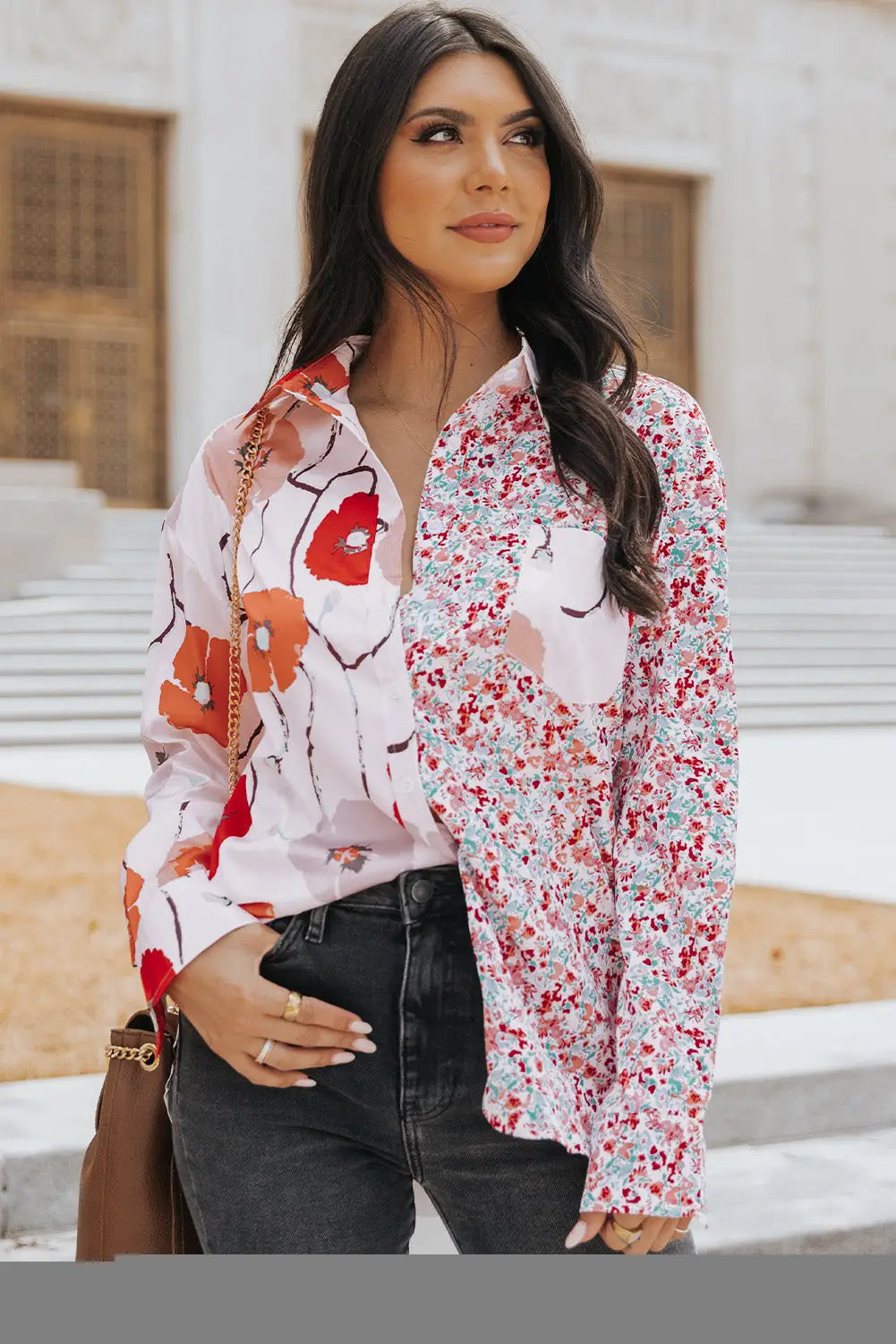 Red floral patchwork buttoned shirt with pocket - s / 100% polyester - tops
