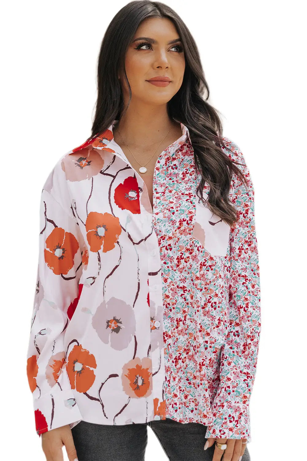 Red floral patchwork buttoned shirt with pocket - tops