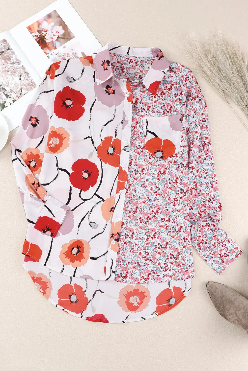 Red floral patchwork buttoned shirt with pocket - tops