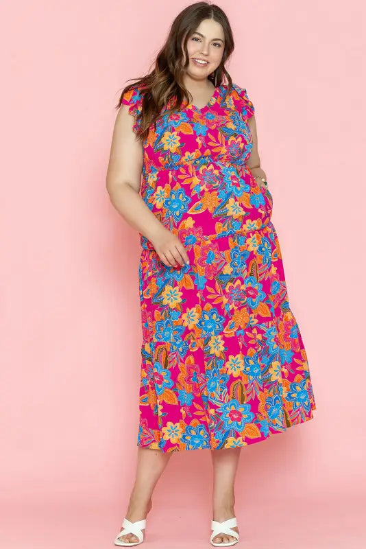 Red floral plus size maxi dress - dresses