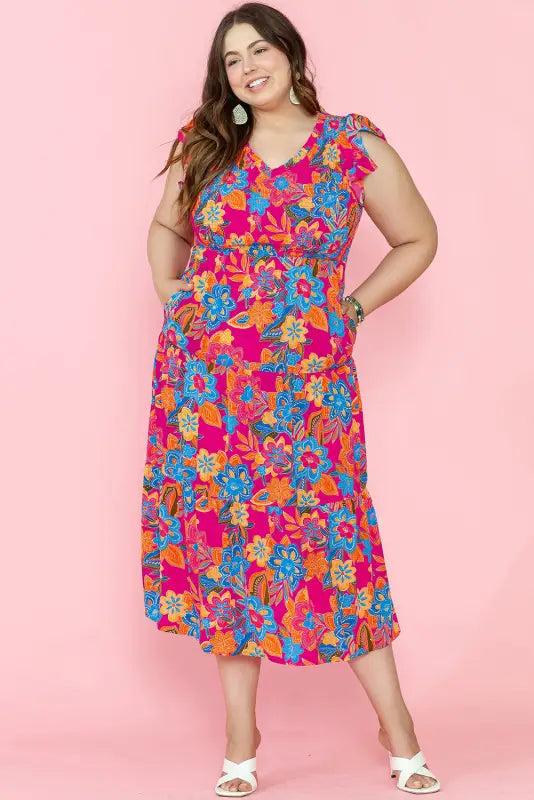 Red floral plus size maxi dress - dresses