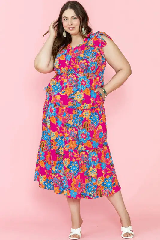 Red floral plus size maxi dress - dresses