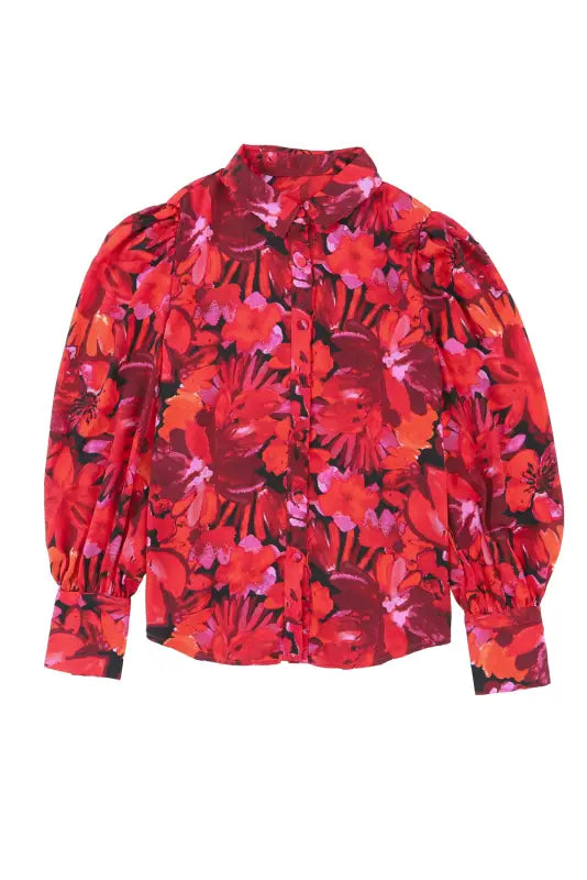 Red floral print lantern sleeve shirt - blouses & shirts