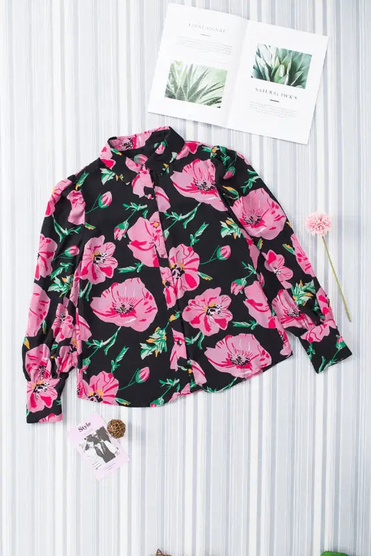 Red floral print lantern sleeve shirt - blouses & shirts