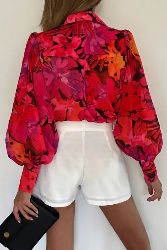 Red floral print lantern sleeve shirt - blouses & shirts