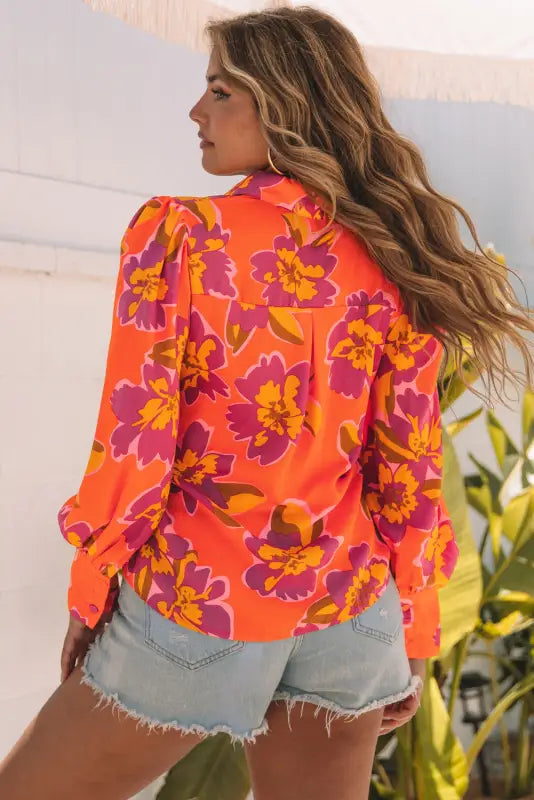 Red floral print lantern sleeve shirt - blouses & shirts