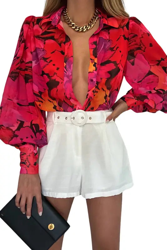 Red floral print lantern sleeve shirt - blouses & shirts