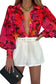 Red floral print lantern sleeve shirt - blouses & shirts