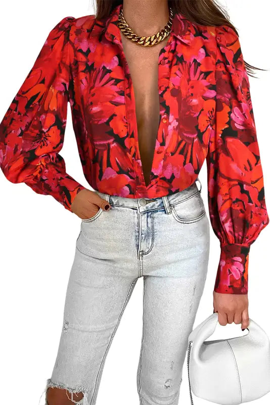 Red floral print lantern sleeve shirt - blouses & shirts