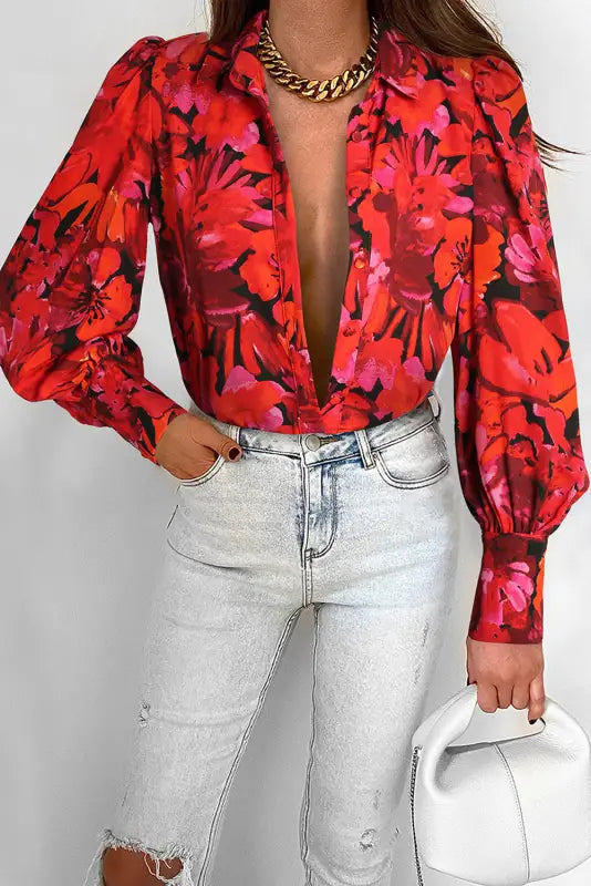 Red floral print lantern sleeve shirt - blouses & shirts