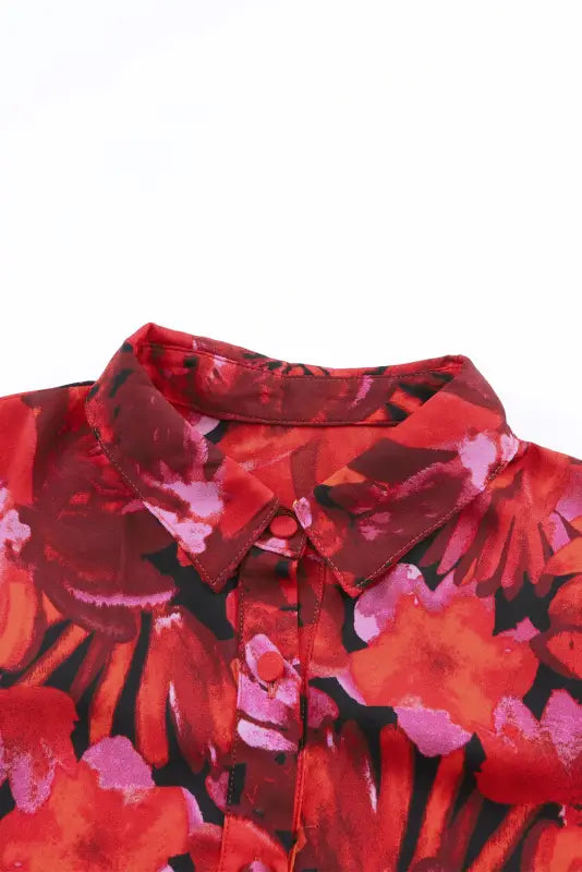 Red floral print lantern sleeve shirt - blouses & shirts