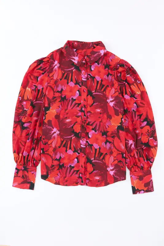 Red floral print lantern sleeve shirt - blouses & shirts