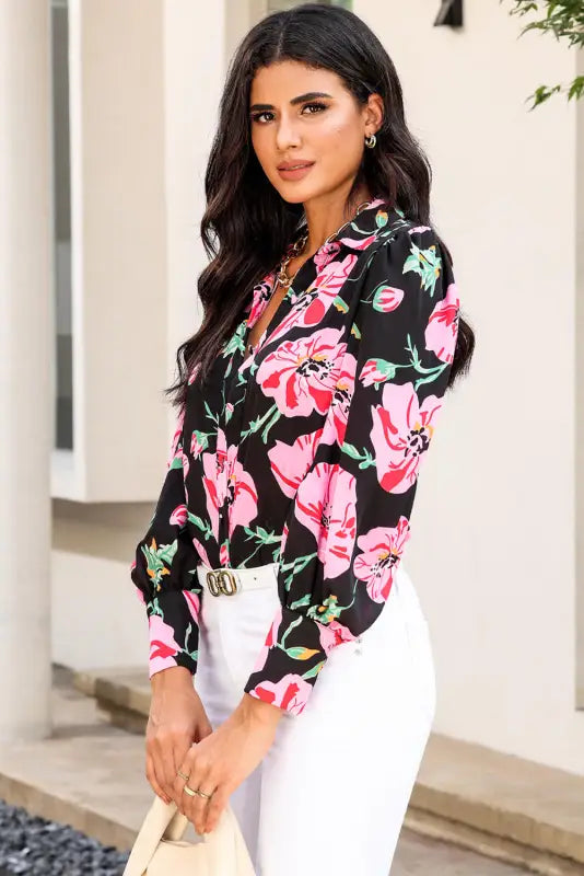 Red floral print lantern sleeve shirt - blouses & shirts