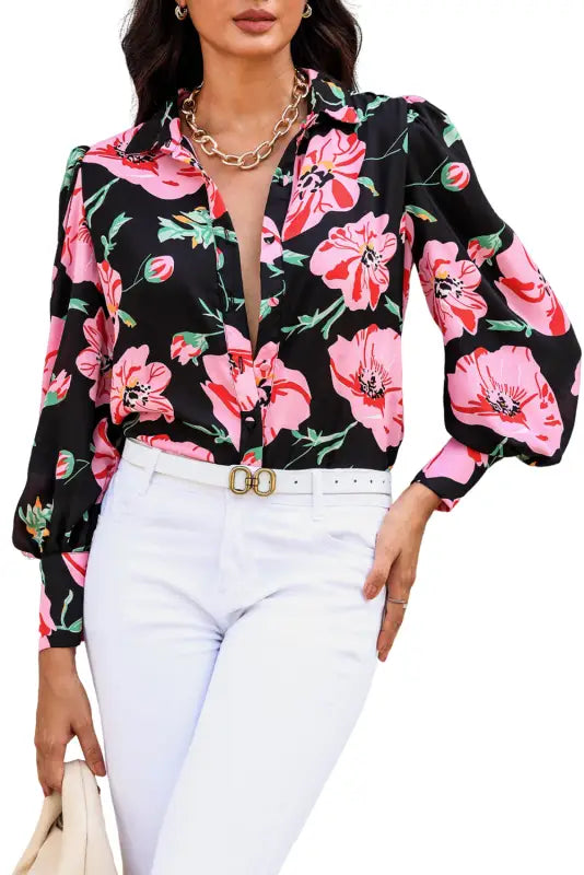 Red floral print lantern sleeve shirt - blouses & shirts