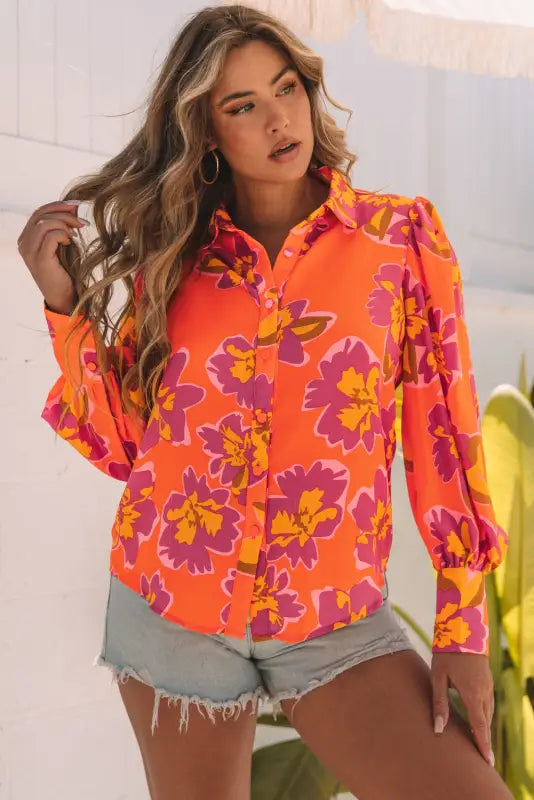 Red floral print lantern sleeve shirt - blouses & shirts