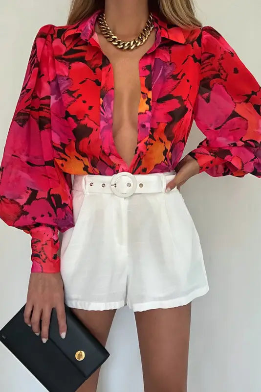 Red floral print lantern sleeve shirt - blouses & shirts