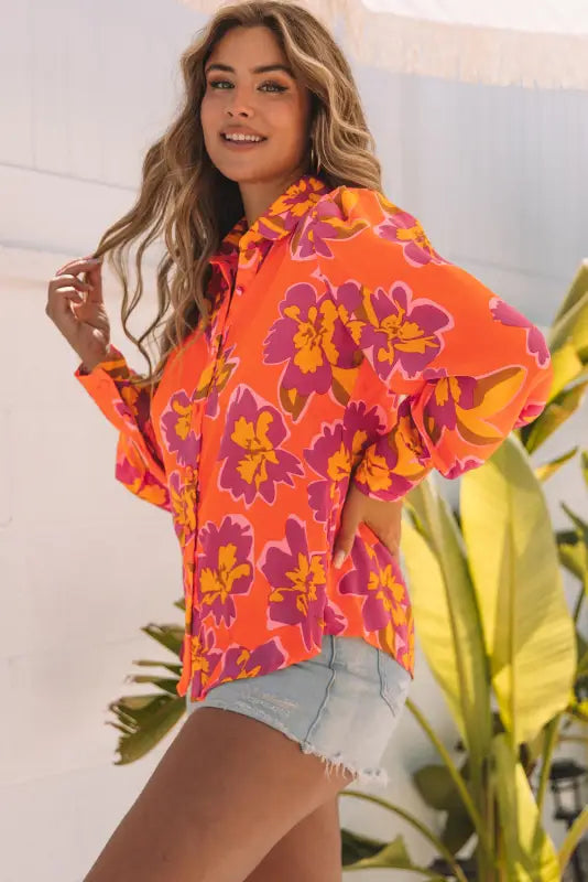 Red floral print lantern sleeve shirt - blouses & shirts