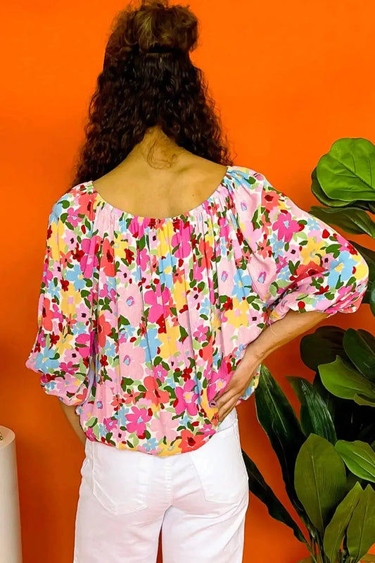 Red Floral Pleated Elastic Neckline Blouse - Fashionfitz