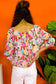 Red Floral Pleated Elastic Neckline Blouse - Fashionfitz