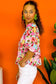 Red Floral Pleated Elastic Neckline Blouse - Fashionfitz