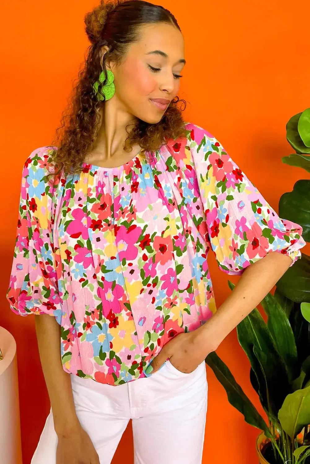 Red Floral Pleated Elastic Neckline Blouse - Fashionfitz