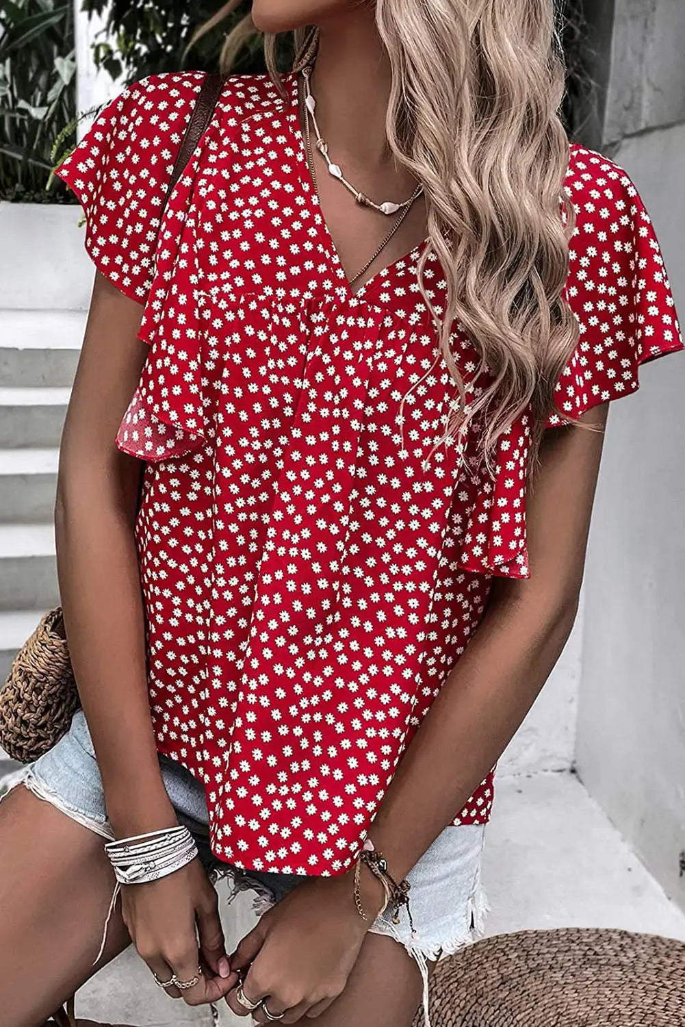 Red floral print ruffle sleeve blouse - s / 95% polyester + 5% elastane - tops