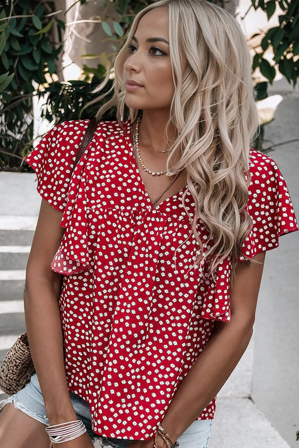 Red floral print ruffle sleeve blouse - tops