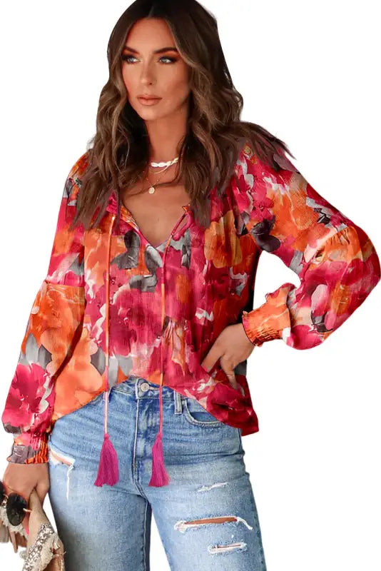 Red floral print split neck tassel tie blouse - tops