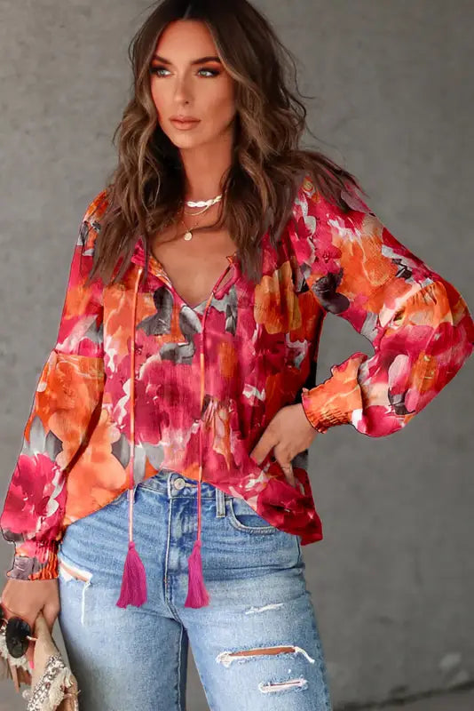 Red floral print split neck tassel tie blouse - tops