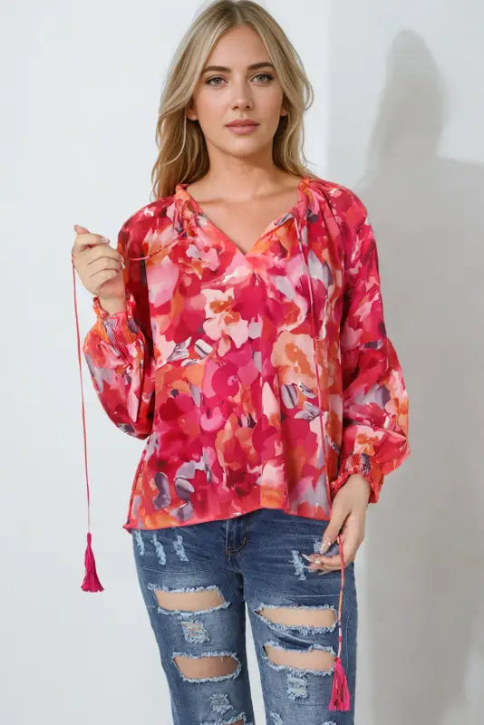 Red floral print split neck tassel tie blouse - tops