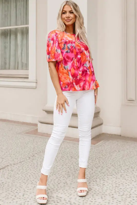 Red floral print split neck tassel tie blouse - tops