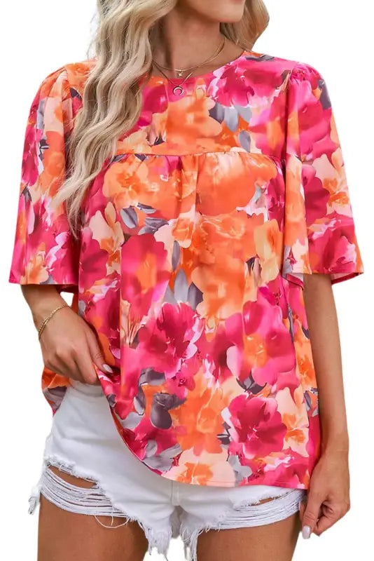 Red floral print split neck tassel tie blouse - tops