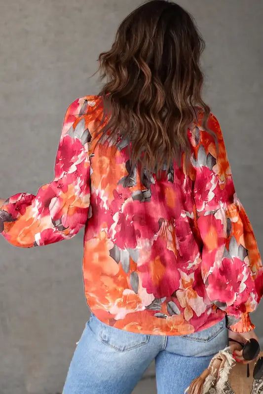 Red floral print split neck tassel tie blouse - tops