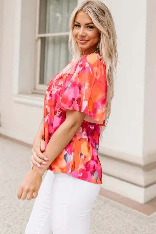 Red floral print split neck tassel tie blouse - tops