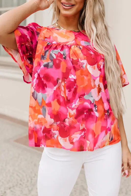 Red floral print split neck tassel tie blouse - tops