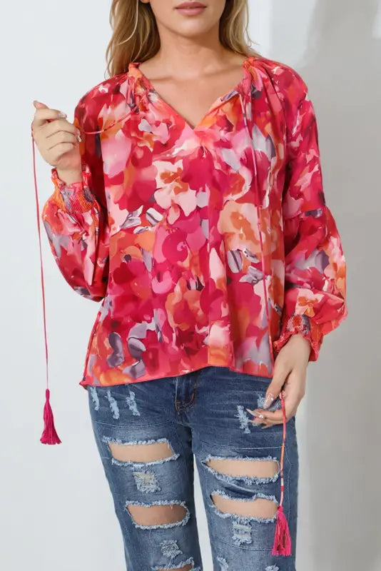 Red floral print split neck tassel tie blouse - tops