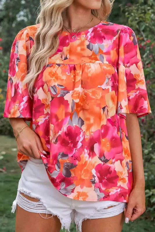 Red floral print split neck tassel tie blouse - tops