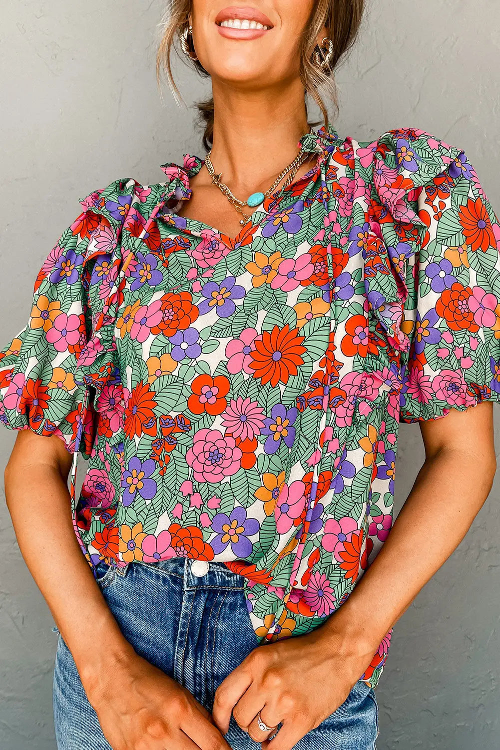Red floral puff sleeve blouse - s / 100% viscose - short blouses