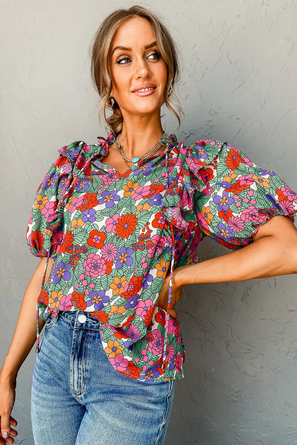 Red floral puff sleeve blouse - short blouses