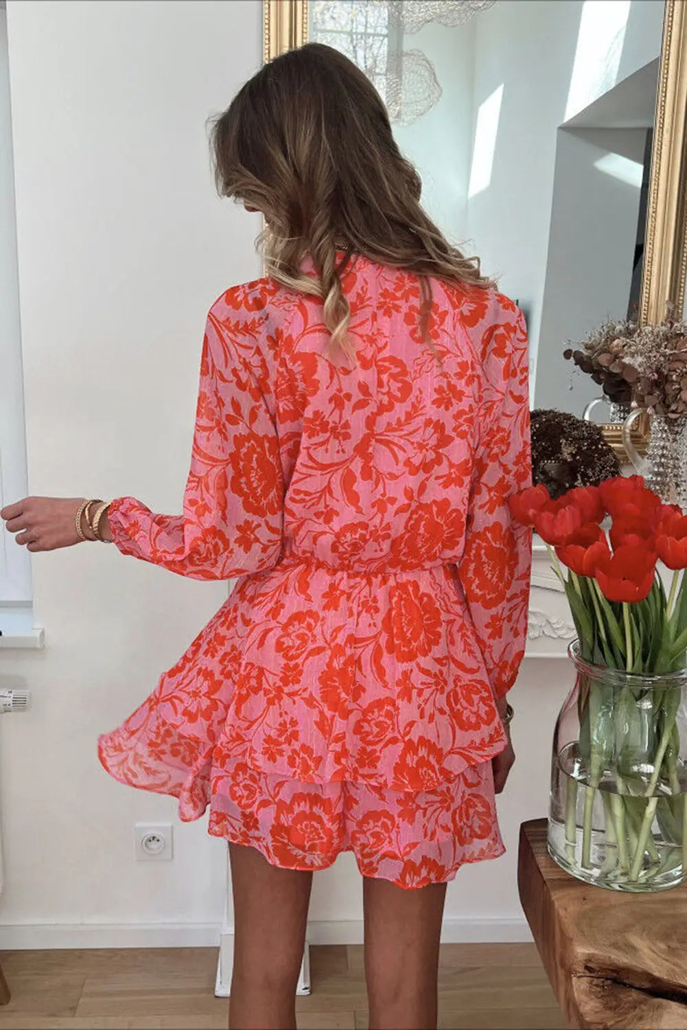 Red floral ruffle layered puff sleeve surplice dress - dresses