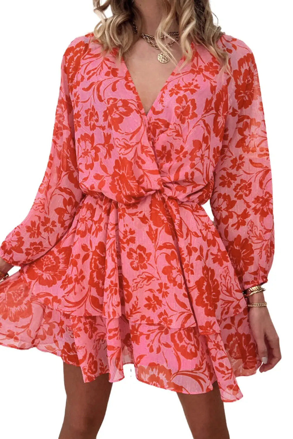 Red floral ruffle layered puff sleeve surplice dress - dresses