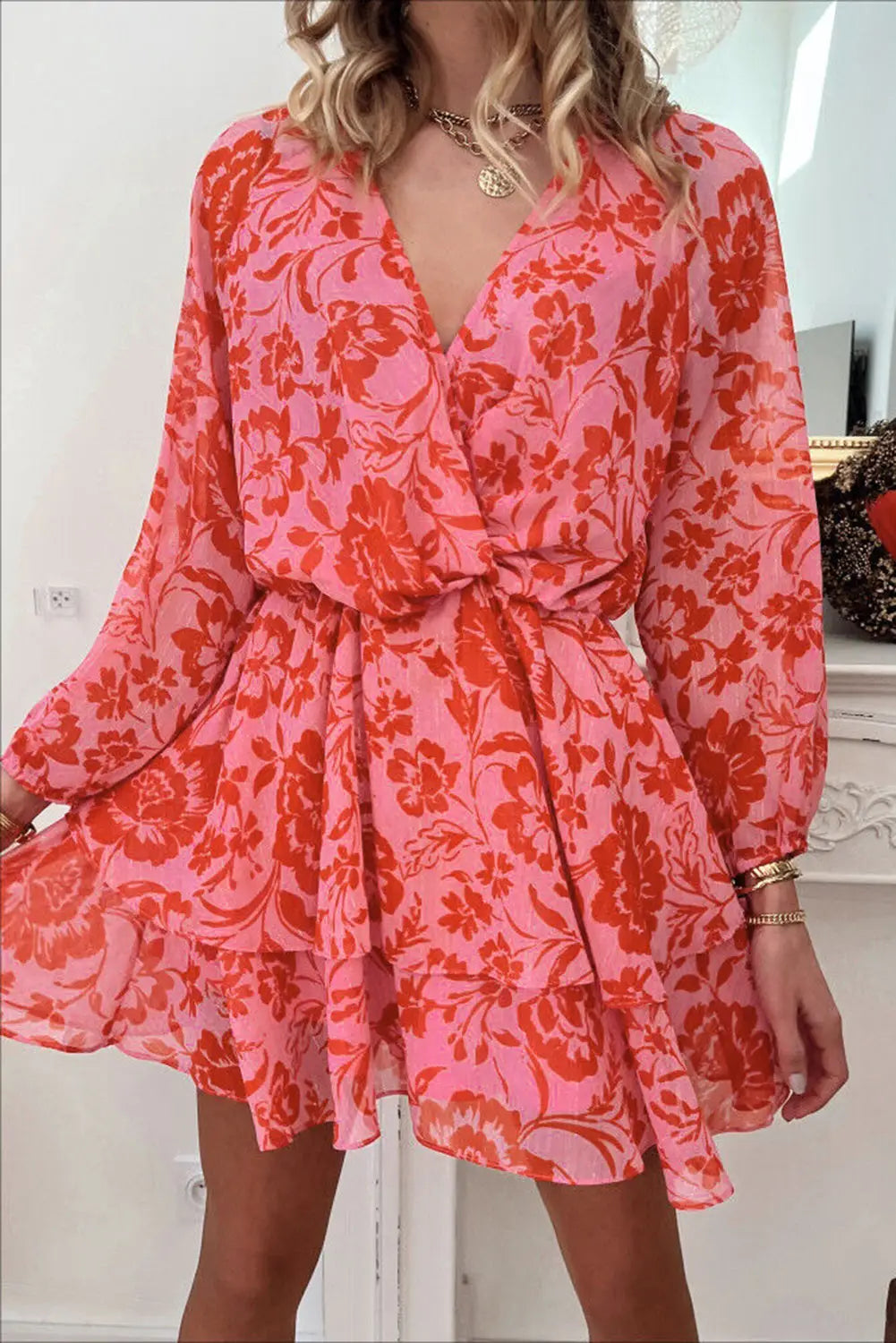Red floral ruffle layered puff sleeve surplice dress - s / 100% polyester - dresses
