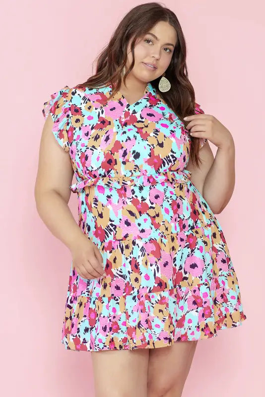 Red floral ruffled mini dress plus size for comfort