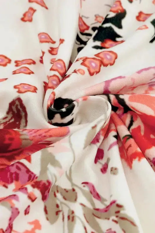 Red Floral Short Sleeve Round Neck Blouse - Fashionfitz