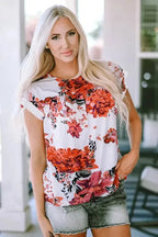 Red Floral Short Sleeve Round Neck Blouse - Fashionfitz
