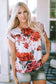 Red floral short sleeve round neck blouse - tops