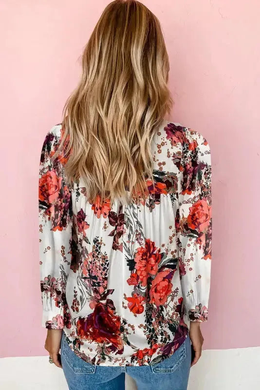 Red Floral Short Sleeve Round Neck Blouse - Fashionfitz
