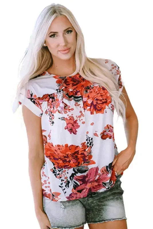 Red Floral Short Sleeve Round Neck Blouse - Fashionfitz