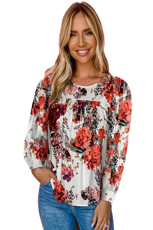 Red floral short sleeve round neck blouse - tops