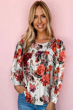 Red Floral Short Sleeve Round Neck Blouse - Fashionfitz